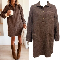 Fashion Stand Collar Long Sleeve Button V-neck Patch Pockets Long Sleeve Leopard Printed Dress