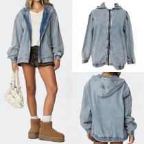 Casulal Long Sleeve Front Zipper Hooded Old-wahsed Denim Jacket