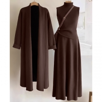 Fashion Three-piece Consist of Mock Neck Sleeveless Shirt, Midi Skirt and Cardigan