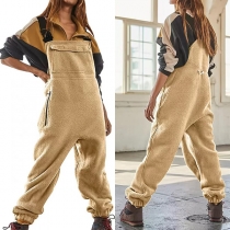 Street Fashion Solid Color Front Large Pockets Suspender Jumpsuit