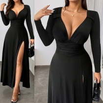Sexy Plung V-neck Long Sleeve Side Slit Midi Dress