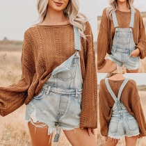 Fashion Front Patch Pockets Frayed Hemline Adjustable Shoulder Strap Old-washed Suspender Romper