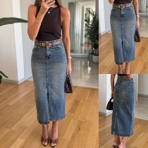 Fashion High-rise Front Slit Old-washed Denim Skirt