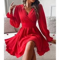 Fashion V-neck Long Sleeve High-rise Mini Dress
