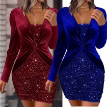 Fashion Bling-bling Square Neck Front Knotted Ruched Long Sleeve Bodycon Party Dress