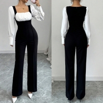 Fashion Contrast Color Ruffle Square Neck Long Sleeve Straight-cut Mock Two-piece Jumpsuit