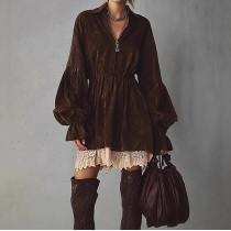 Fashion V-neck Laterm Long Sleeve Lace Spliced Ruffle Hemline A-line Dress