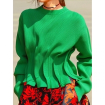 Fashion Crew Neck Long Sleeve Pleated Knitted Sweater