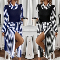 Fashion Crew Neck Long Sleeve Vertical Stripe Printed Front Slit Mock Two-piece Dress
