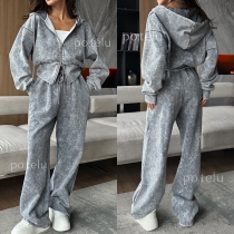 Street Fashion Sporty Old-washed Two-piece Set Consist of Hooded Sweat Jacket and Sweatpants