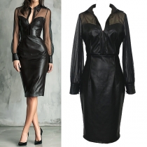 Fashion Gauze Spliced V-neck Long Sleeve Artificial Leather PU Bodycon Dress