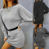 Women's Crew Neck Long Sleeve Knitted Sweater Dress