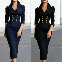 Fashion Notch Lapel Double-breasted Long Sleeve Bodycon Dress