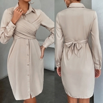 Fashion Lapel Collar Long Sleeve Criss-cross Ruched Front Button Shirt Dress