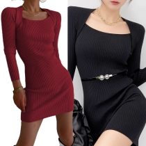 Fashion Square Neck Long Sleeve Ribbed Bodycon Dress