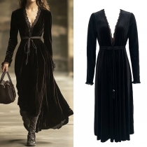 Fashion Lace Spliced V-neck Long Sleeve High-rise Velvet Dress
