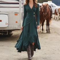 Vintage V-neck Side Button Ruffle Irregular Hemline Midi Dress