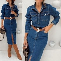 Fashion Stand Collar Long Sleeve Front Button Side Frayed Hemline Old-washed Denim Dress