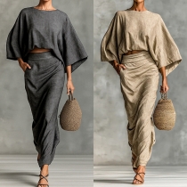 Fashion Two-piece Set Consist of Batwing Elbow Sleeve Crop Top and Ruched Maxi Skirt