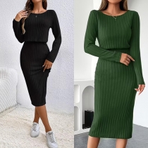 Fashion Crew Neck Long Sleeve High-rise Ribbed Bodycon Dress