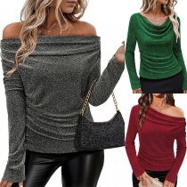 Fashion Bling-bling Draped Neckline Long Sleeve Shirt