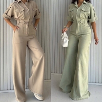 Fashion Lapel Collar Front Button Short Sleeve High-rise Straight-cut Cargo Jumpsuit