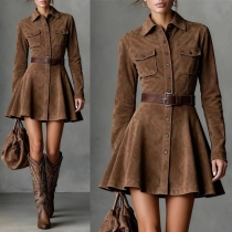 Fashion Stand Collar Long SLeeve Front Button A-line Shirt Dress