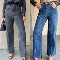 Fashion High-rise Bead Straight-cut Old-washed Denim Jeans