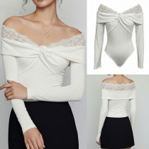 Fashion Lace Spliced Strapless Knotted Long SLeeve Bodysuit