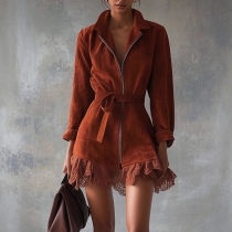 Fashion Lapel Collar Front Zipper Long Sleeve Lace Spliced Hemline Self-tie Dress