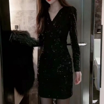 Fashion Sequined V-neck Puff Long Sleeve Bodycon Party Dress