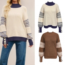 Fashion Crew Neck Batwing Long Sleeve Contrast Color Printed Knitted Sweater