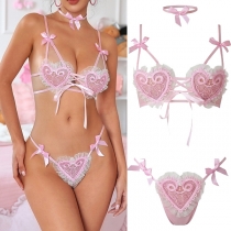 Cute Heart Shape Bowknot Lace-up Two-piece Lingerie Set