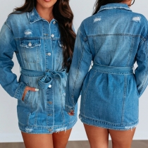 Fashion Lapel Collar Long Sleeve Front Button Distreeted Self-tie Old-washed Denim Dress