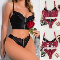 Fashion Zipper Lace Spliced Two-piece Lingerie Set