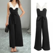 Fashion Contrast Color V-neck Sleeveless Straight-cut Self-tie Jumpsuit