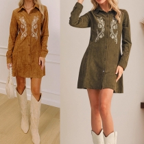 Fashion Floral Embroidered Polo-collar Long Sleeve Front Button Artificial Suede Shirt Dress