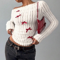 Chic Slant Shoulder Long Sleeve Red Bowknot Sweater