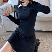 Fashion Polo-collar Long Sleeve Pleated Hemline Mini Dress