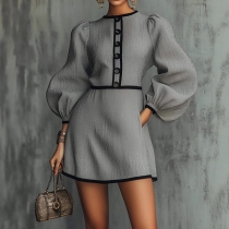 Vintage Contrast Collar Crew Neck Laterm Long Sleeve Side Pocket Mini Dress