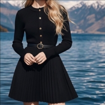 Fashion Front Button Crew Neck Long SLeeve Pleated Hemline Sweater Dress