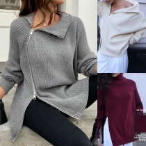 Fashion Slant Zipper Mock Neck Long Sleeve Sweater