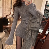 Fashion Turtleneck Trumpet Long Sleeve Ribbed Dress