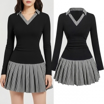 Fashion Vertical Striped Polo Collar V-neck Long Sleeve Mini Dress