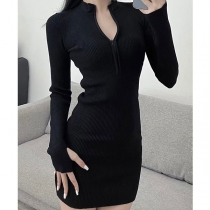 Fashion Half-zipper Long Sleeve Bodycon Ribbed Dress
