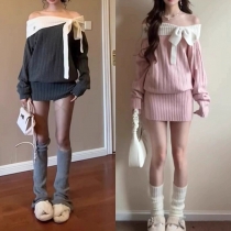 Fashion Contrast Color Off-the-shoulder Bowknot Long Sleeve Bodycon Dress