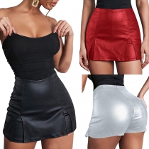 Fashion Low-rise Slit Artificial Leather PU Skorts