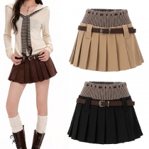 Fashion High-rise Knitted Spliced Pleated Skirt with Belt