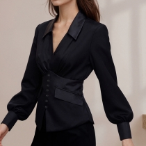 Fashion Stand Collar Long Sleeve High-rise Front Button Slit Shirt