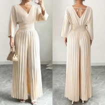 Fashion V-neck Elbow-sleeve High-rise Pleated Jumpsuit
